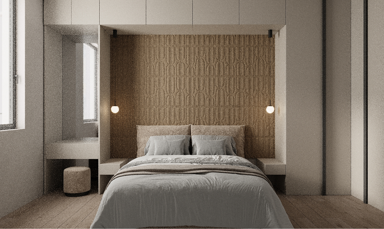 Modernes Schlafzimmer mit in die Wandnische integriertem Doppelbett, Pendelleuchten und strukturierter Rückwand.