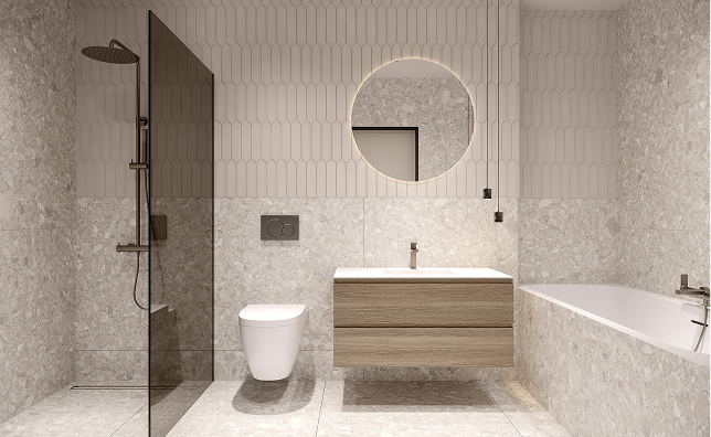 Elegantes Badezimmer der Kategorie „Premium“ mit begehbarer Dusche, Badewanne und Waschtisch in Holzoptik.