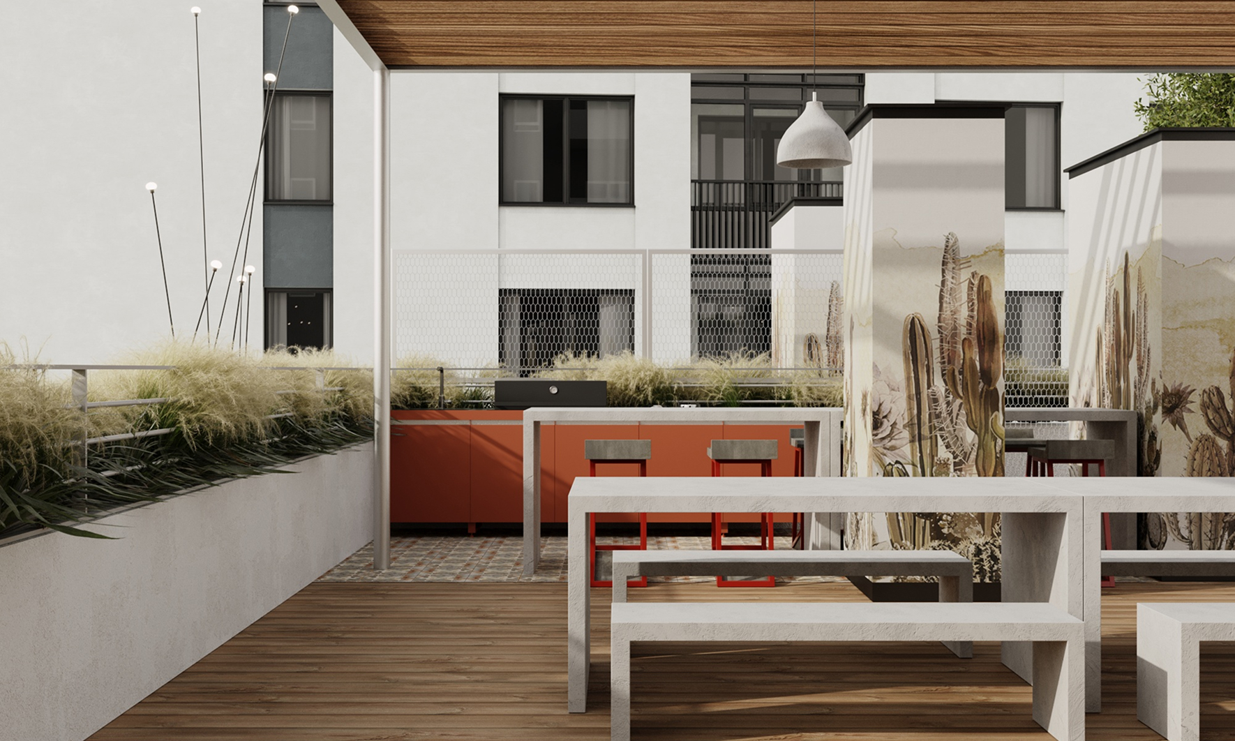 Außenbereich einer Dachterrasse mit Barhockern, Tischen und einer dekorativen Wand mit Kakteen-Motiv.