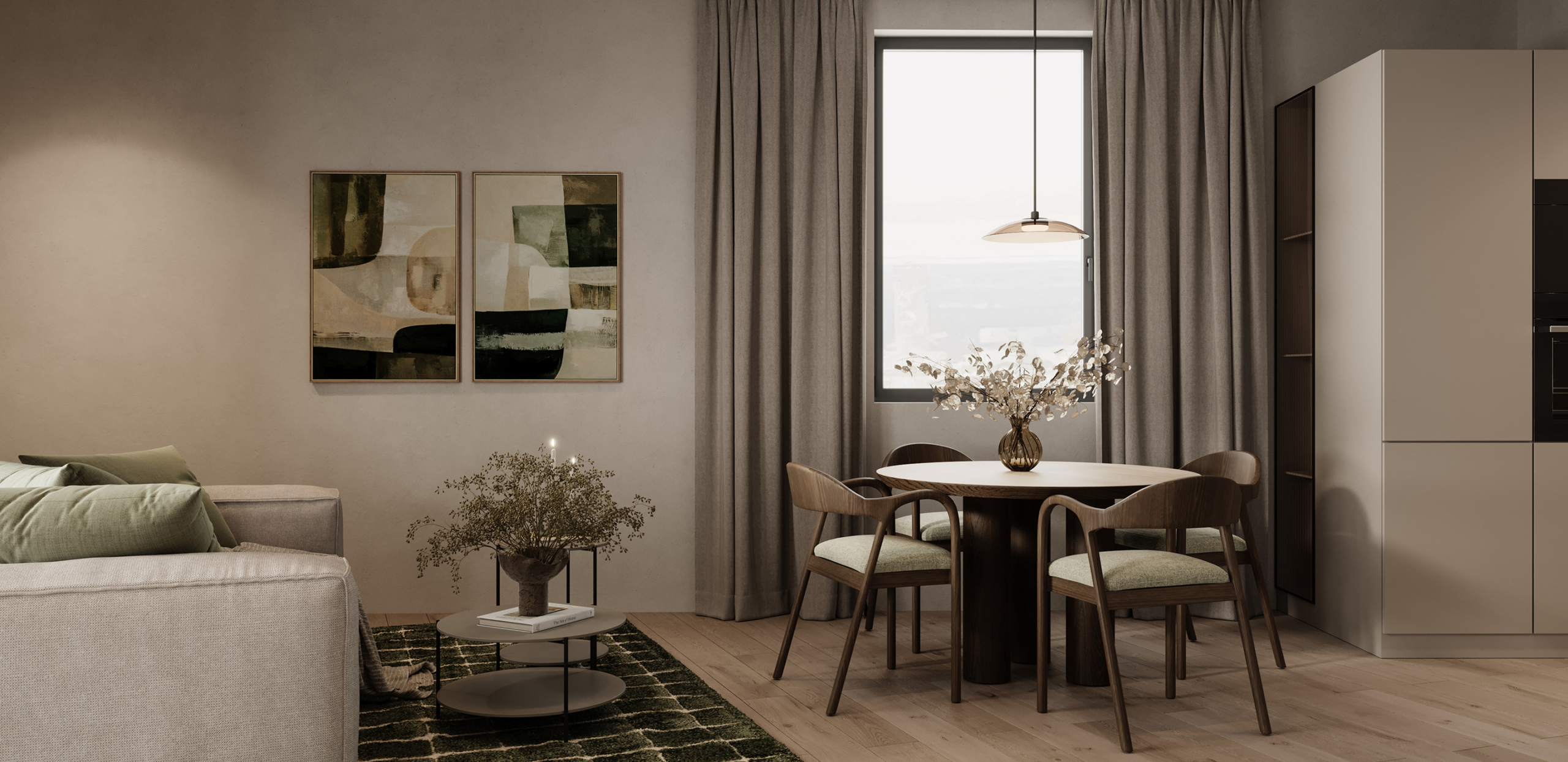 Essbereich in einer Wohnung mit rundem Holztisch, Designerstühlen und abstrakten Kunstwerken an der Wand.