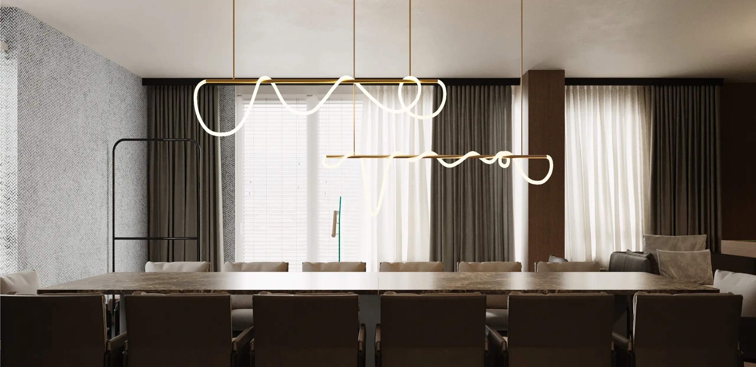 Nahaufnahme der markanten LED-Lichtinstallation über einem dunklen Massivholztisch.