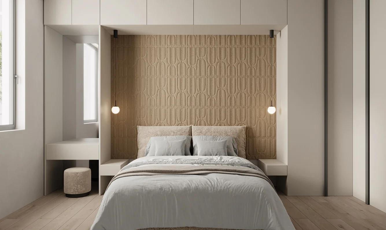 Modernes Schlafzimmer mit in die Wandnische integriertem Doppelbett, Pendelleuchten und strukturierter Rückwand.