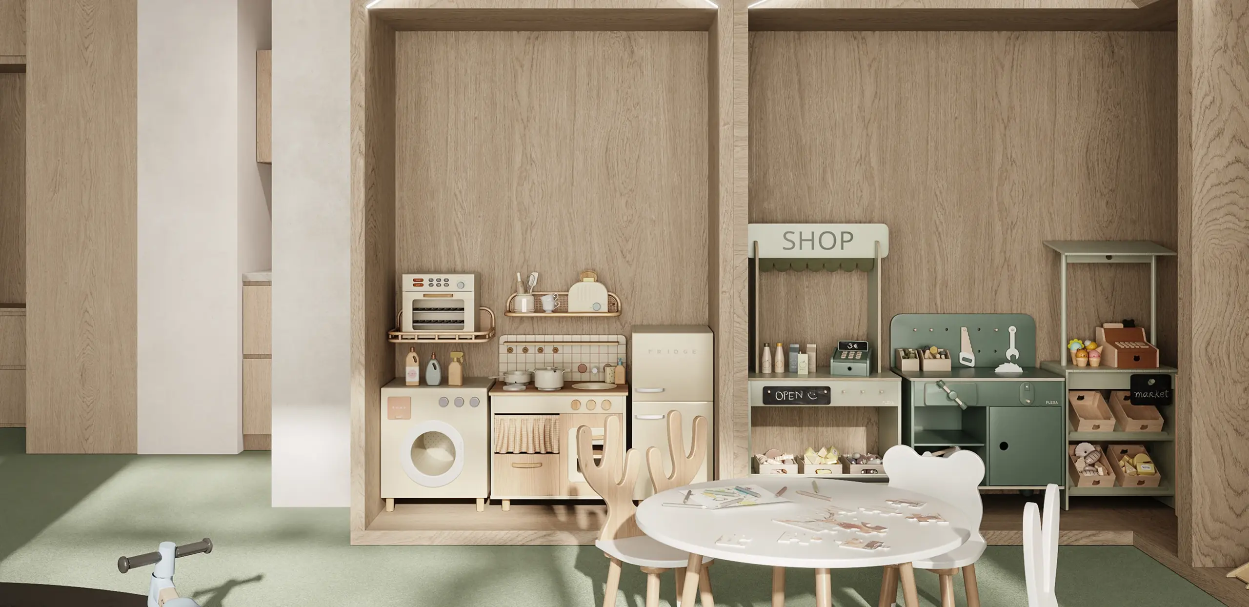 Spielecke aus Holz mit Kindertisch, Spielküche und Kaufladen.