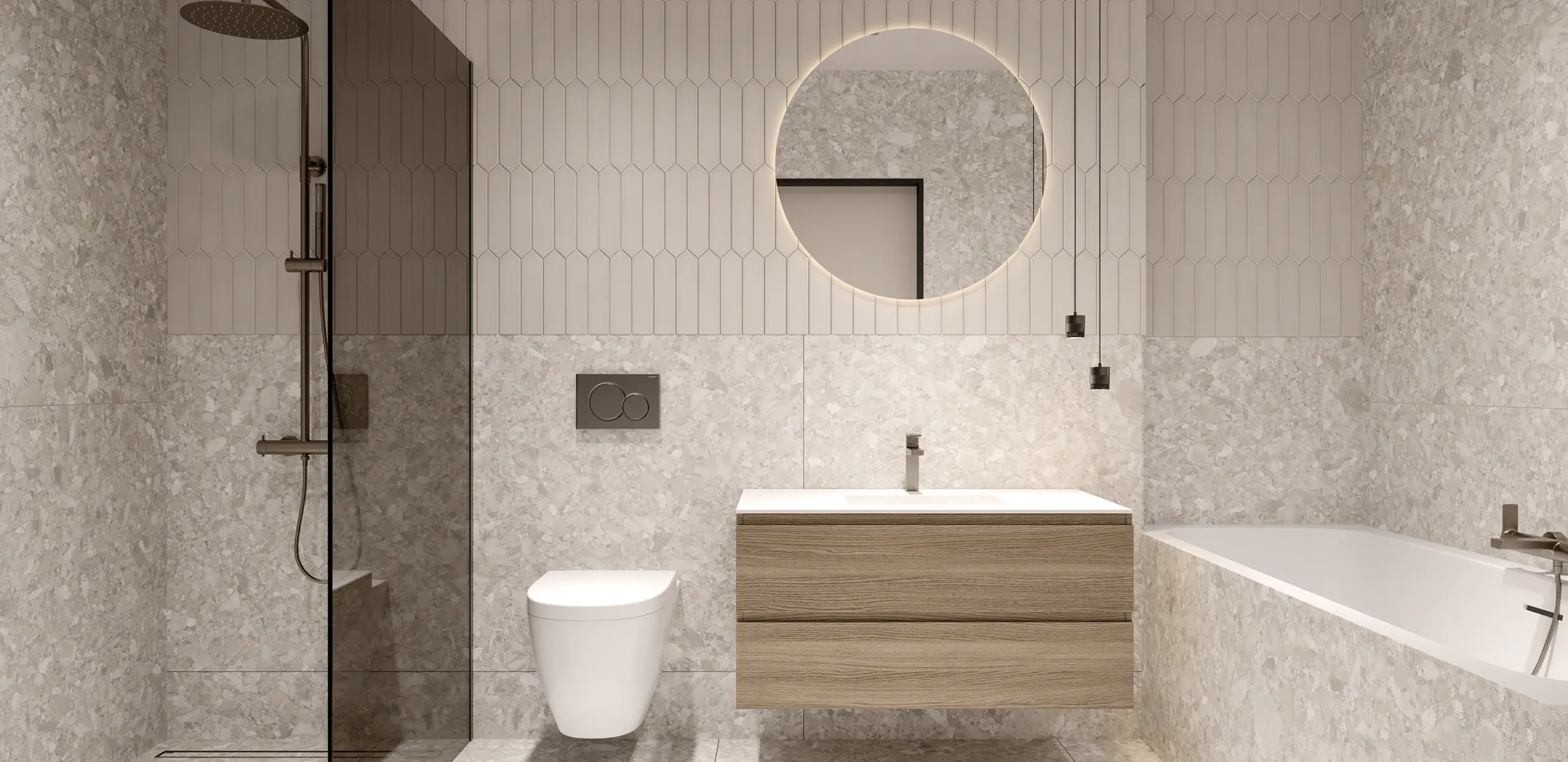 Modernes Badezimmer in Naturtönen mit Regendusche, Badewanne und rundem Spiegel.