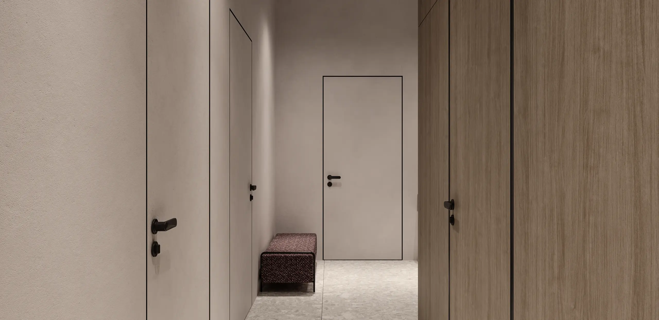Minimalistischer Flur mit grifflosen Holz- und Wandtüren sowie moderner Beleuchtung.
